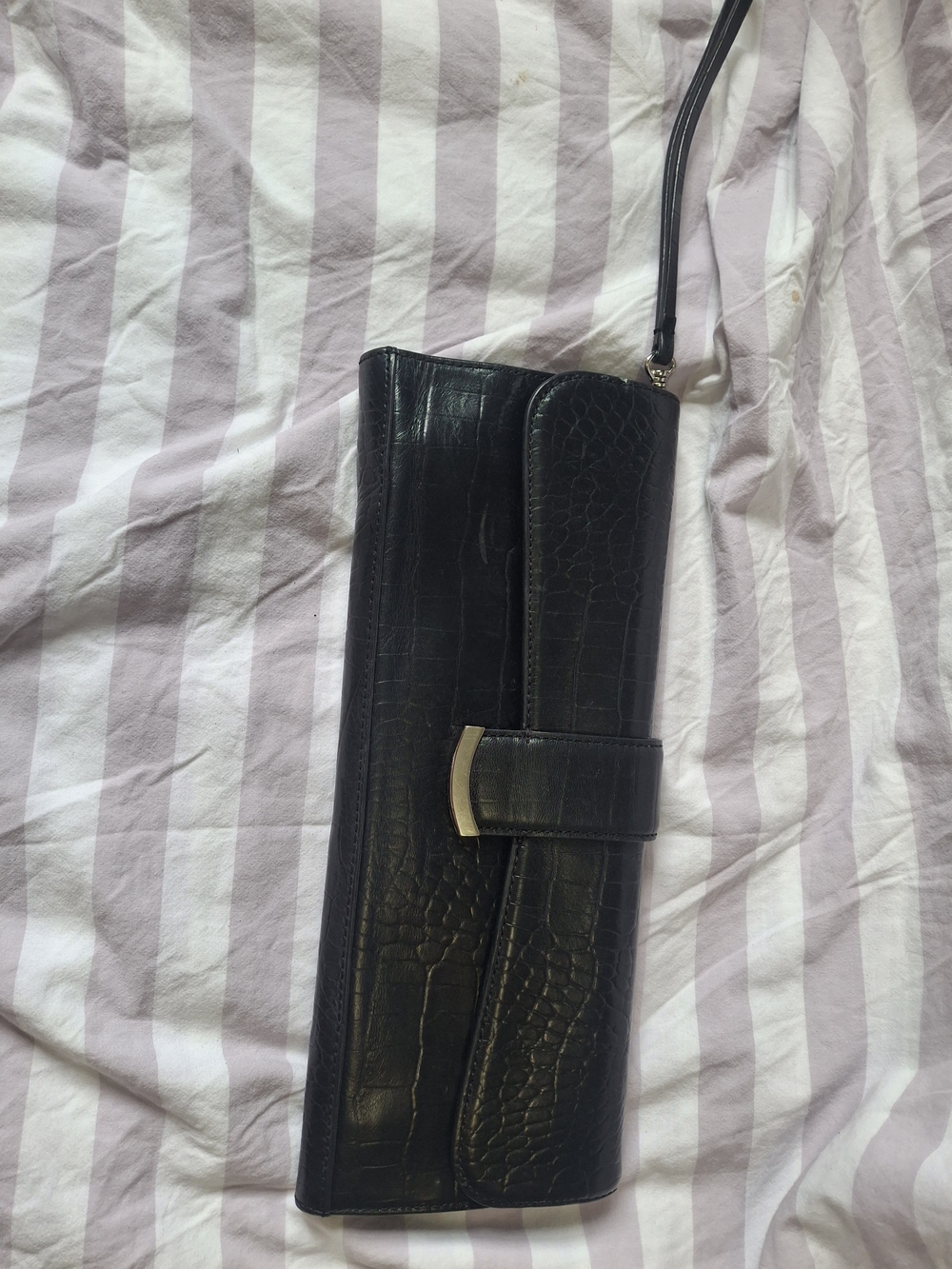 Black Croc-Embossed Wristlet Clutch